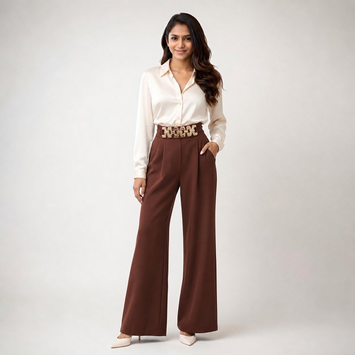 Pantalón marrón con hebilla para mujer – vista frontal