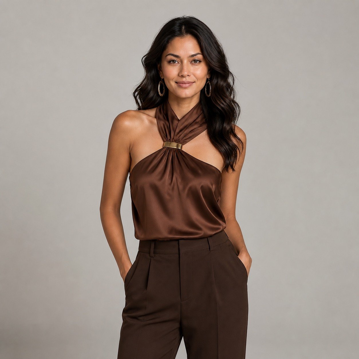 Blusa Satinada Camel con Hebilla para Mujer – Lefon 071773 - Image 2