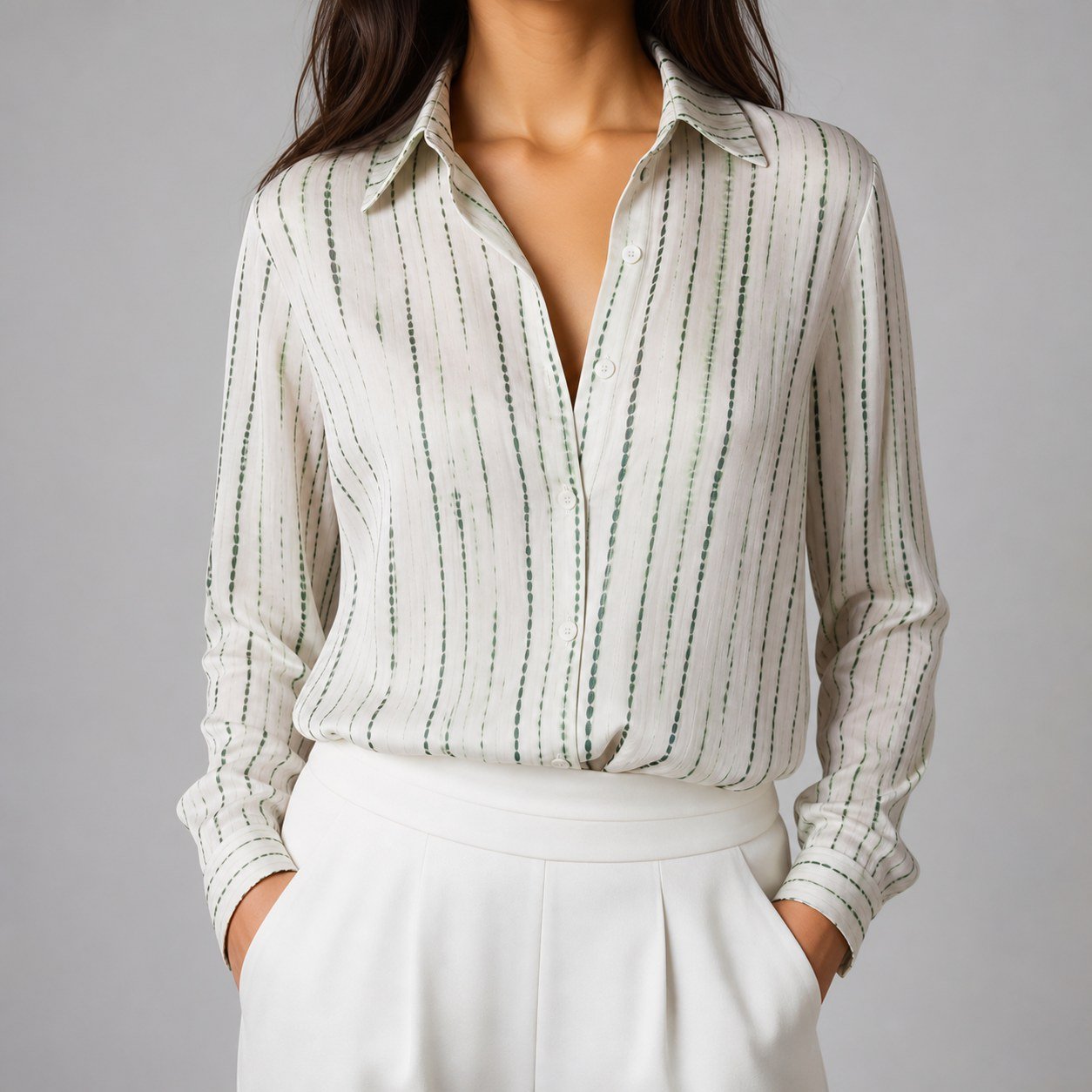 Blusa Satinada a Rayas Verde para Mujer – Sateen 1842-2166 - Image 2