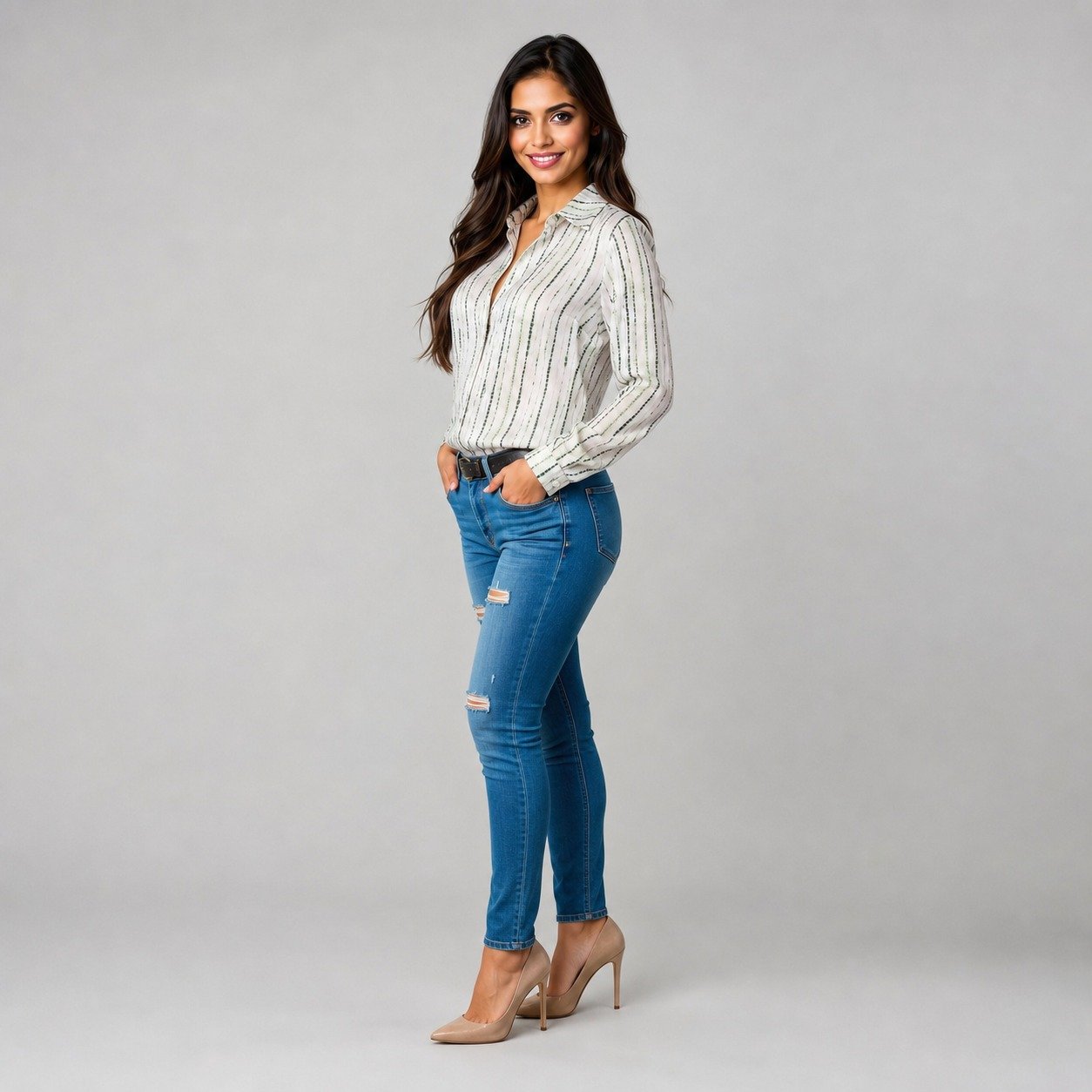 Blusa Satinada a Rayas Verde para Mujer – Sateen 1842-2166 - Image 3