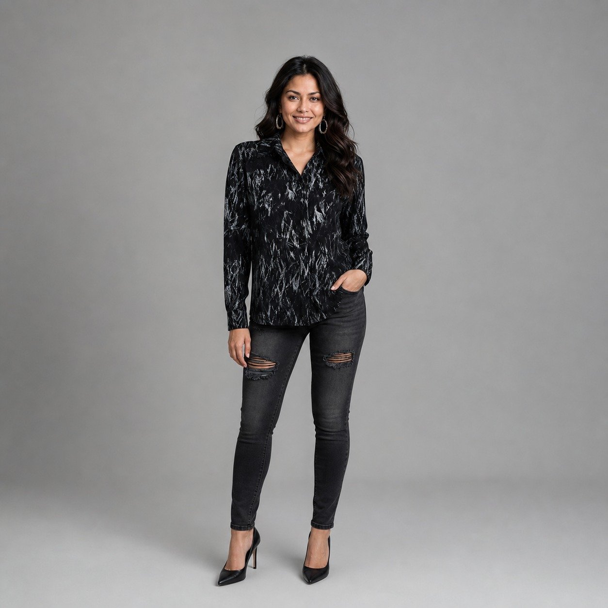 Blusa Camisera Estampada Negra para Mujer – Sateen 1541-2514