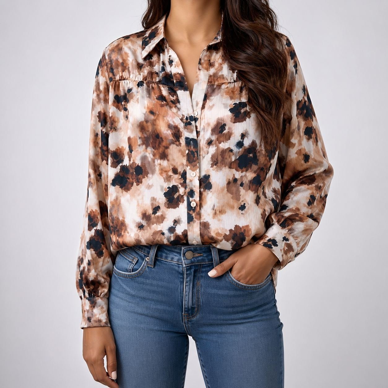 Blusa Camisera Estampada Marrón para Mujer – Sateen 1590-2524 - Image 2