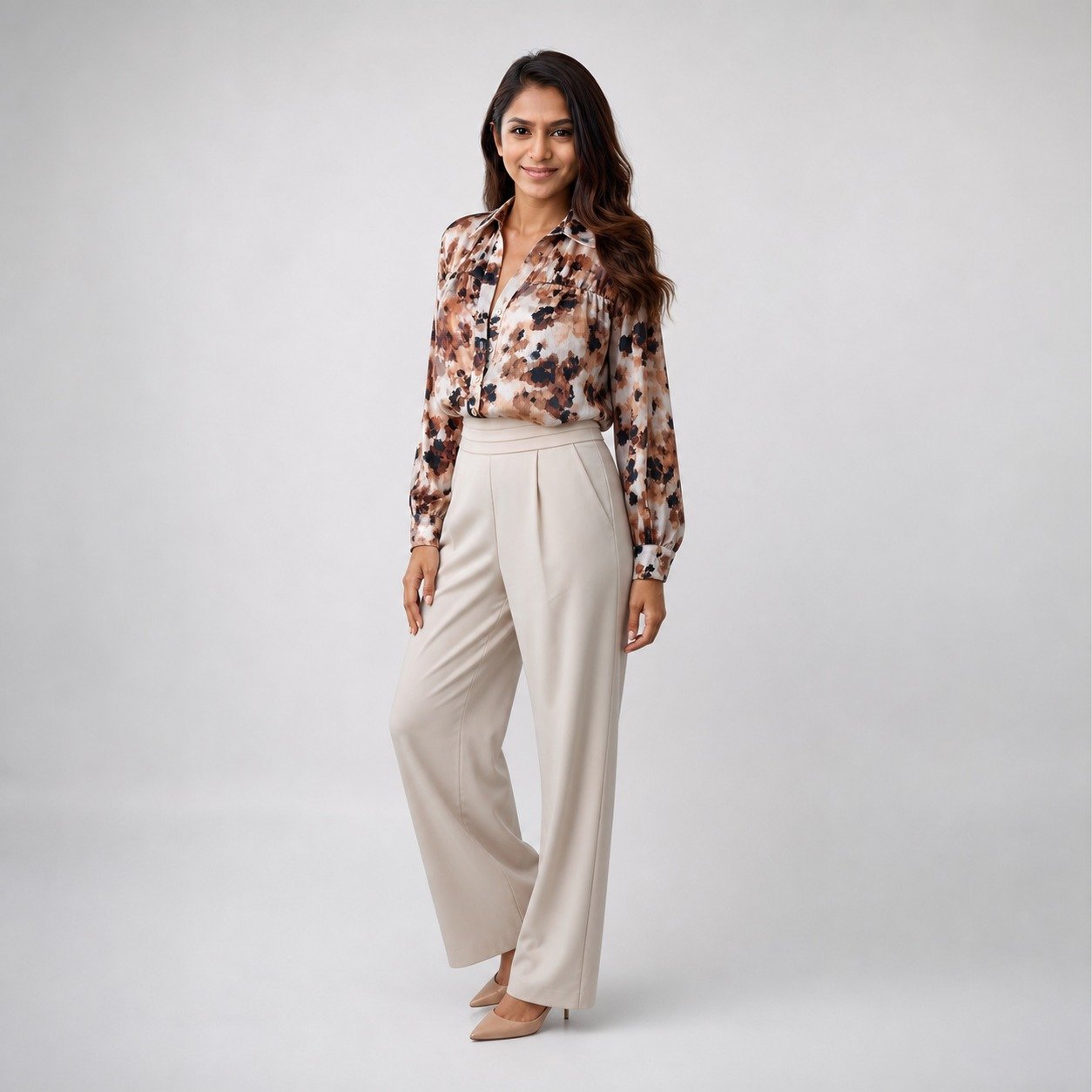 Blusa Camisera Estampada Marrón para Mujer – Sateen 1590-2524 - Image 3