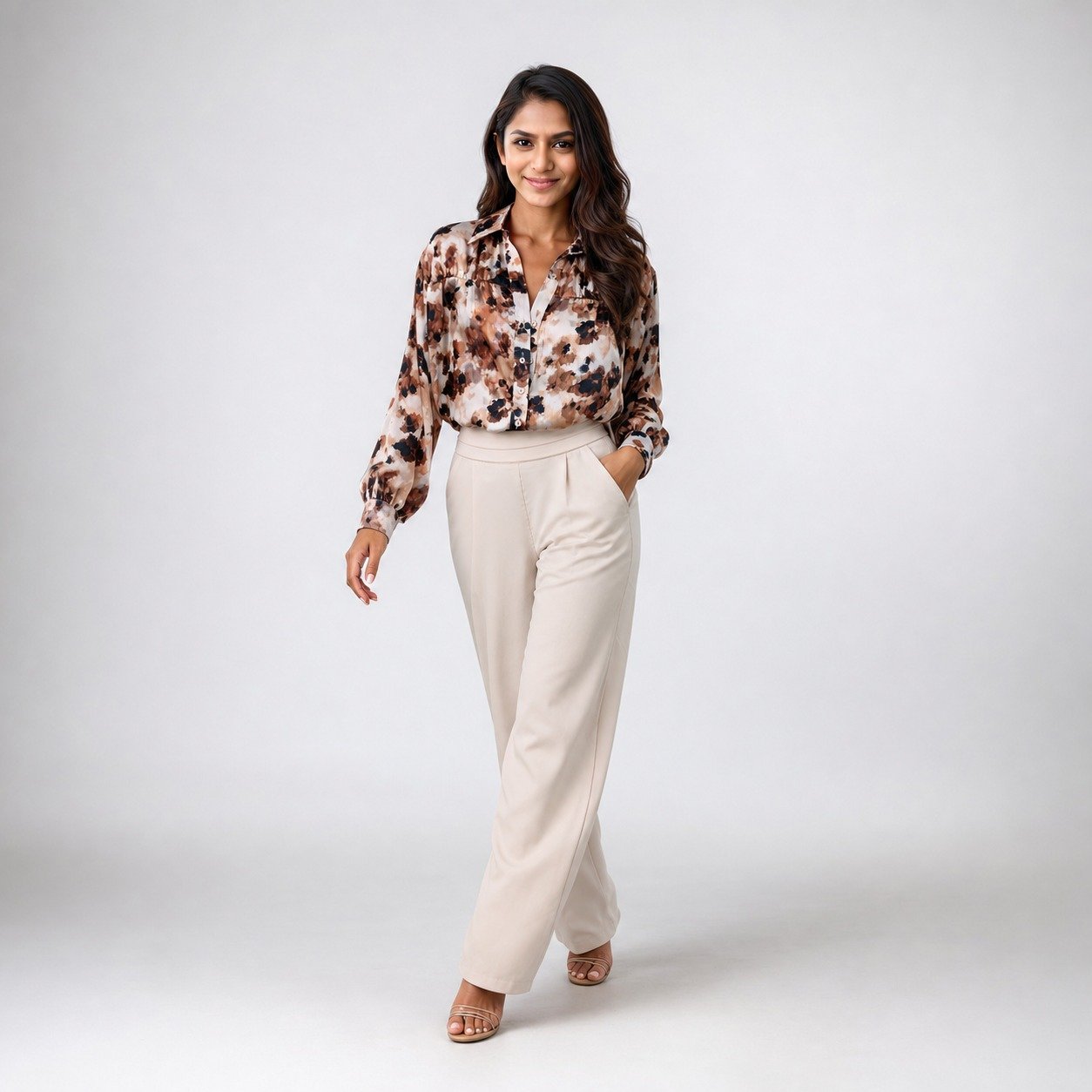 Blusa Camisera Estampada Marrón para Mujer – Sateen 1590-2524 - Image 5