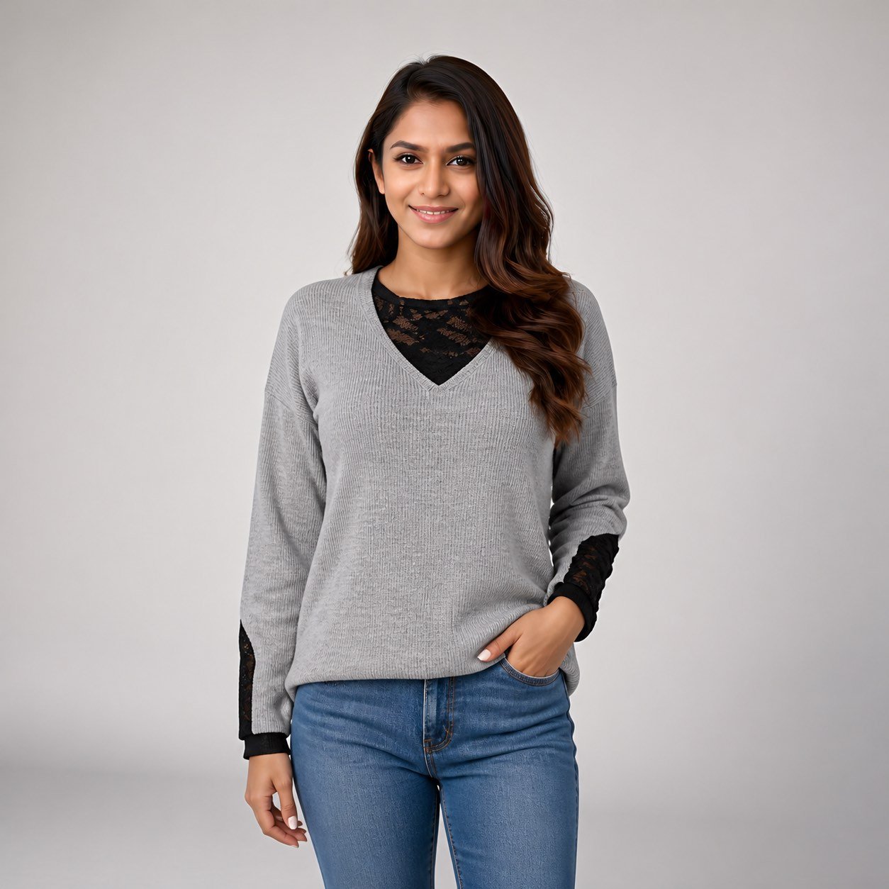 Buzo Gris de Cuello V para Mujer – Sobe Dress A476BLZ - Image 2