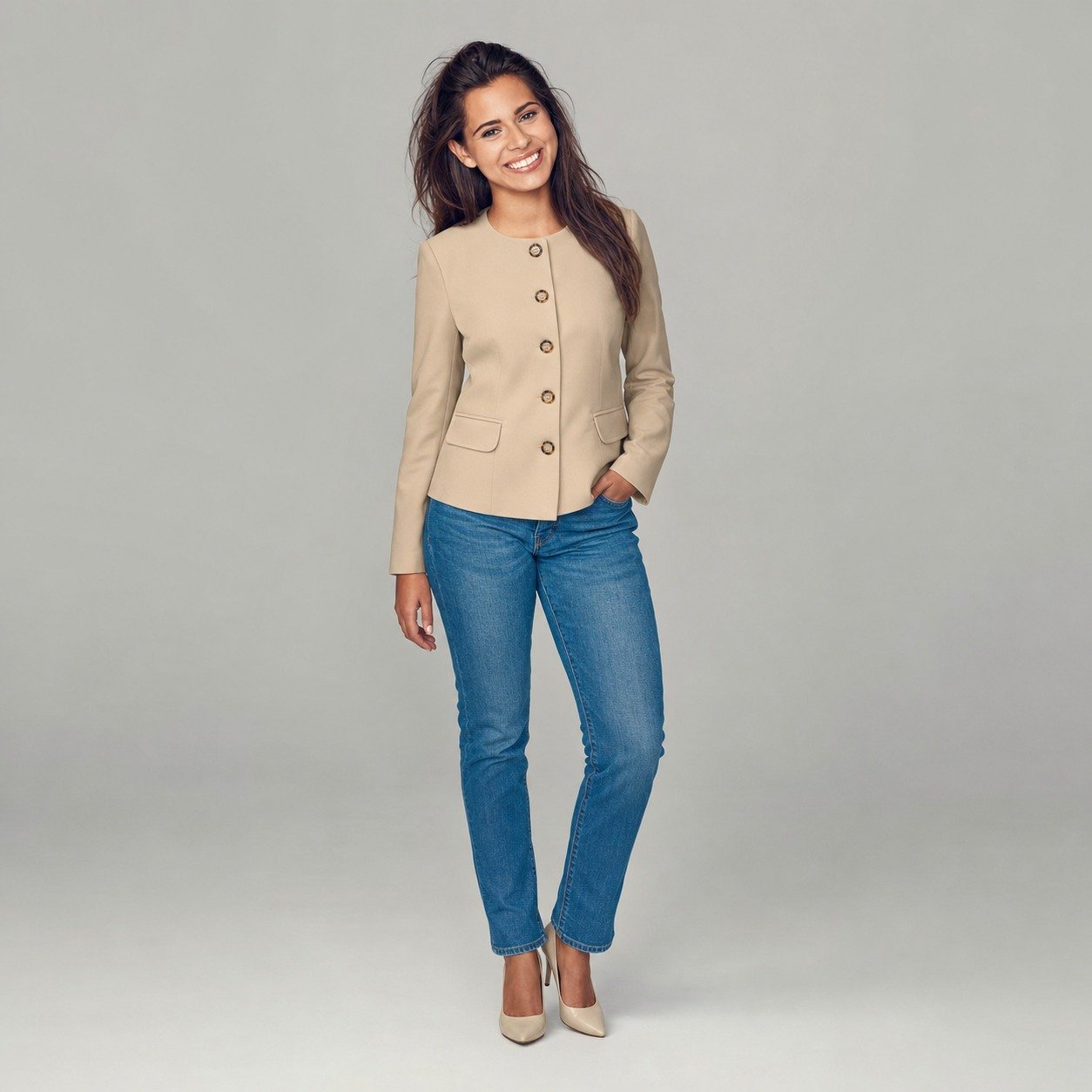 Chaqueta Beige de Cuello Redondo para Mujer – JMB 2503