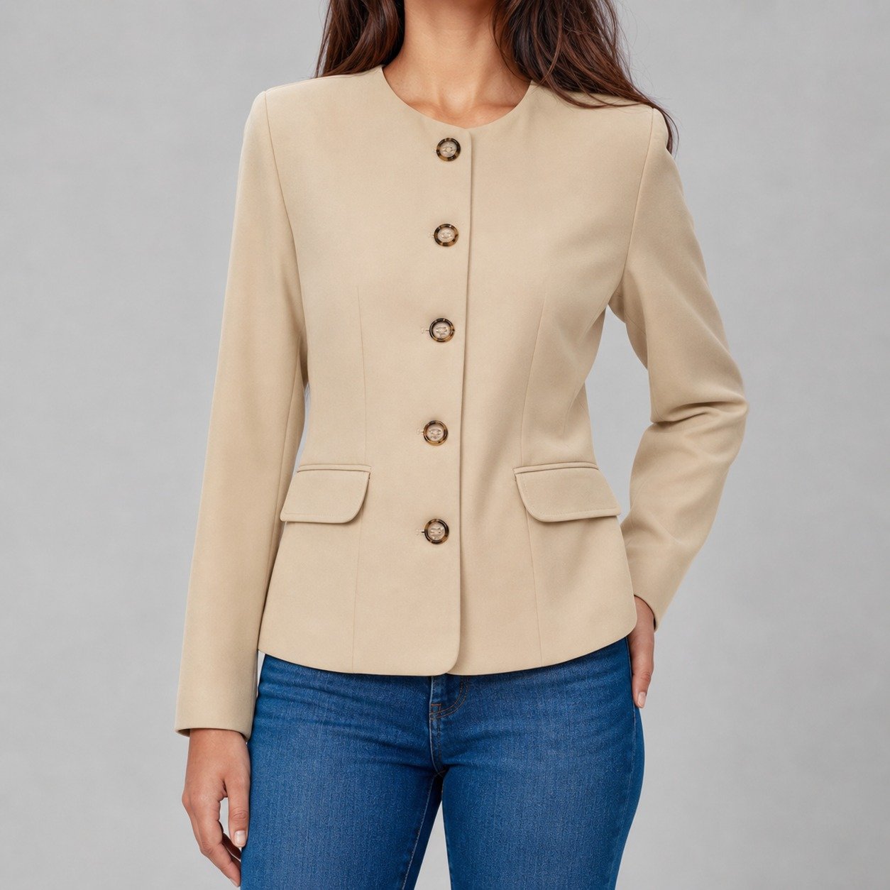 Chaqueta Beige de Cuello Redondo para Mujer – JMB 2503 - Image 2