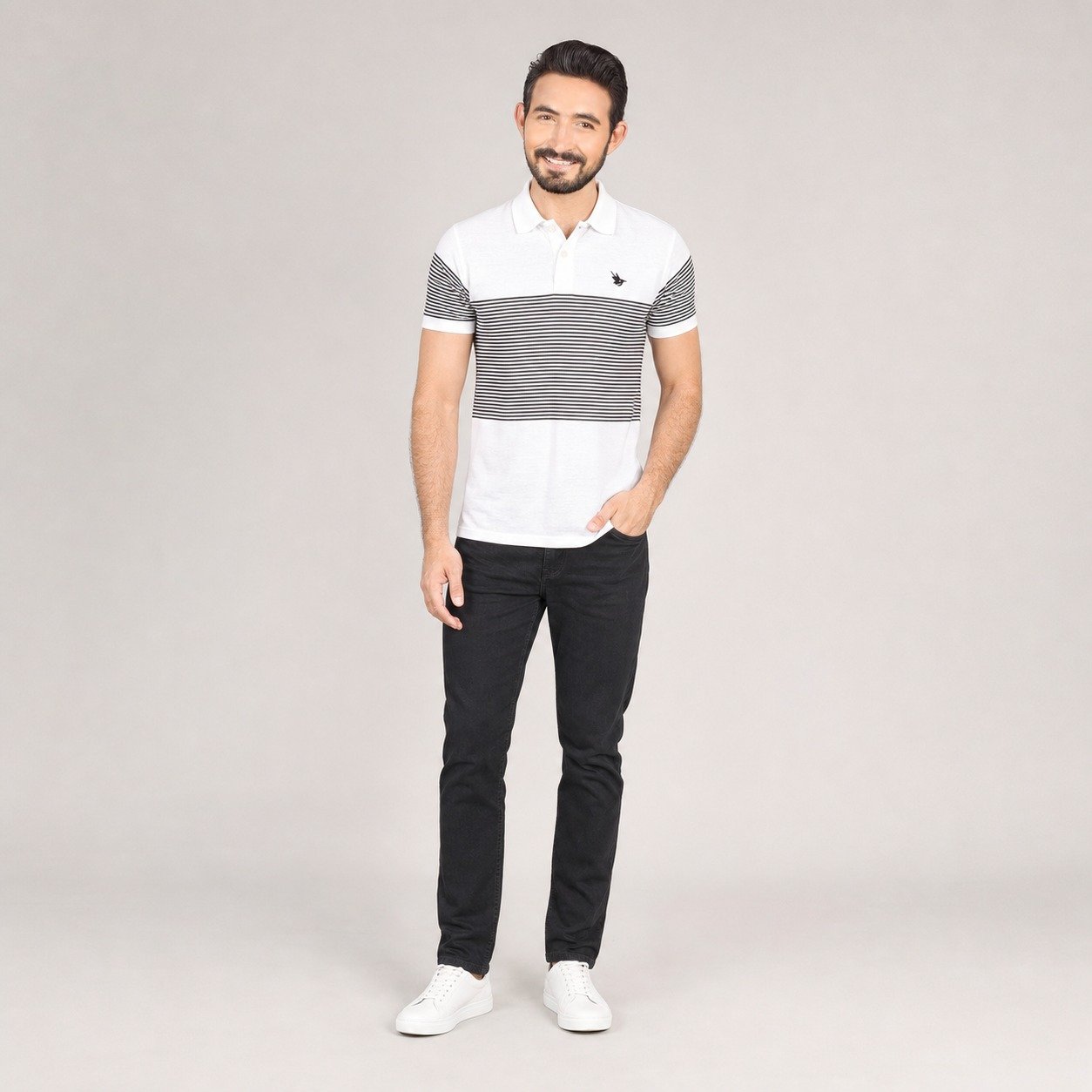 Polo Blanco con Líneas Negras para Hombre – Long Beach LBPC-V31-206J