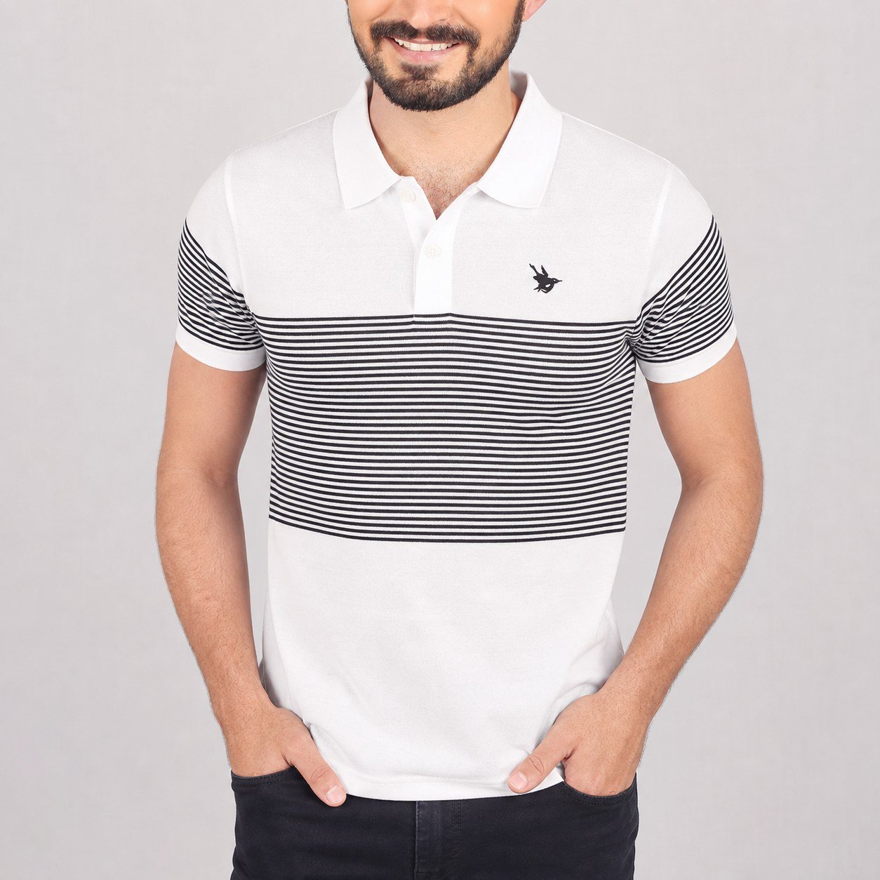 Polo Blanco con Líneas Negras para Hombre – Long Beach LBPC-V31-206J - Image 2
