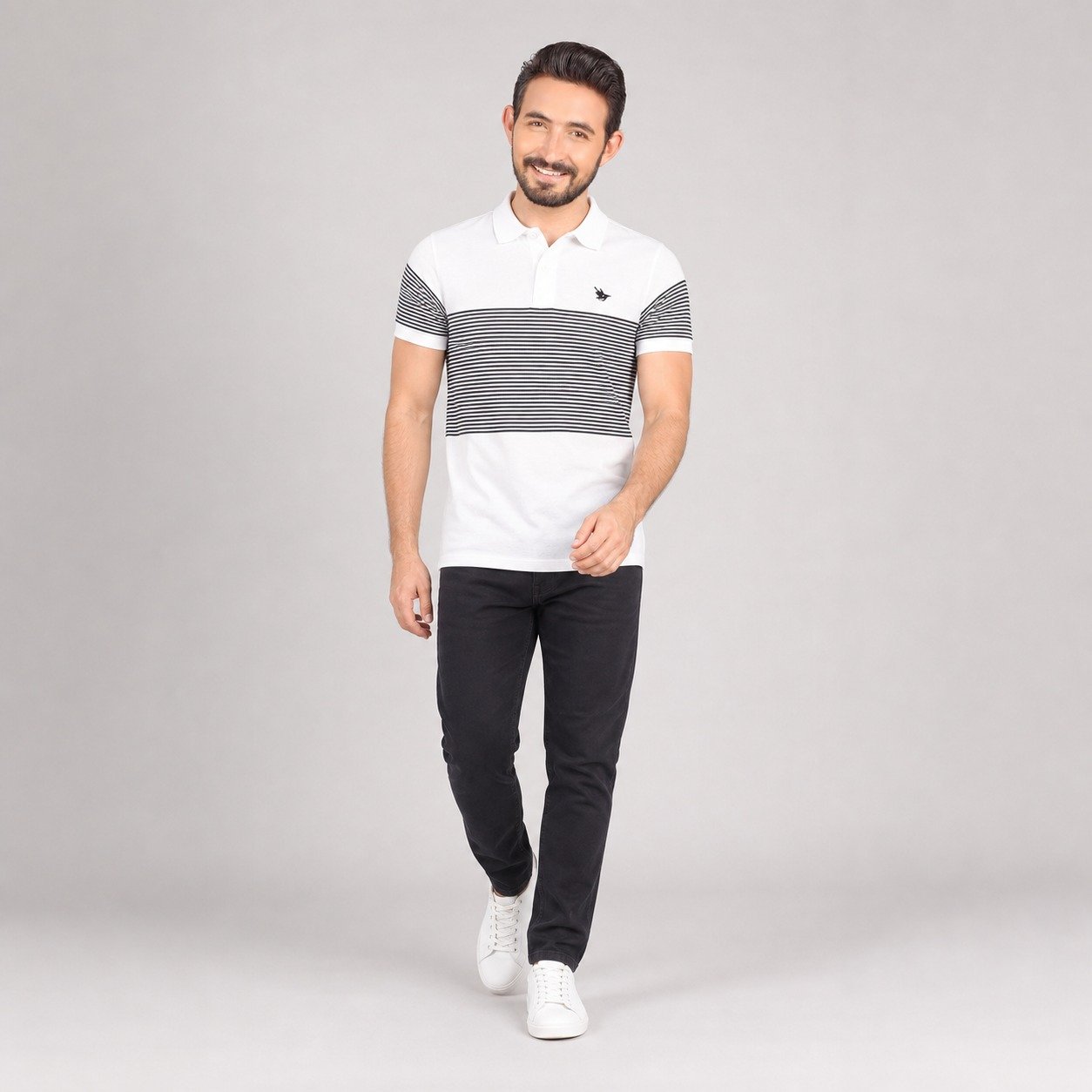 Polo Blanco con Líneas Negras para Hombre – Long Beach LBPC-V31-206J - Image 5