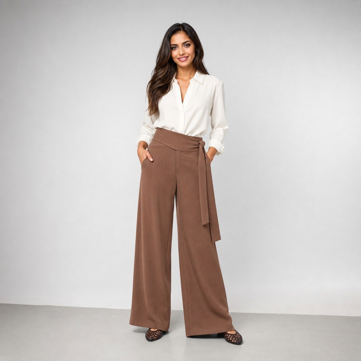 Pantalón Marrón con Cinturón de Seda para Mujer – Sateen 1848-5057