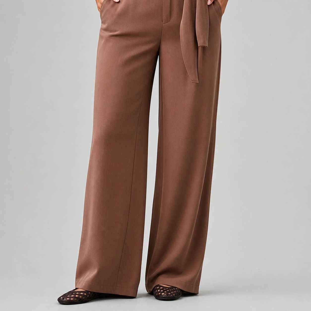 Pantalón Marrón con Cinturón de Seda para Mujer – Sateen 1848-5057 - Image 2