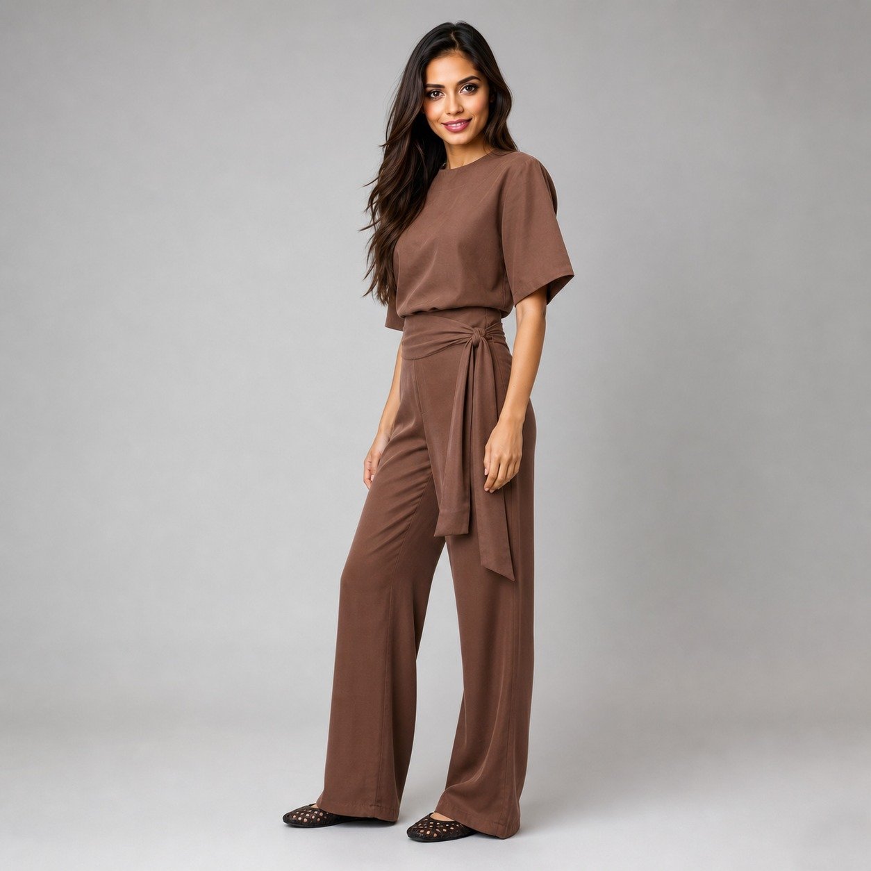 Pantalón Marrón con Cinturón de Seda para Mujer – Sateen 1848-5057 - Image 3