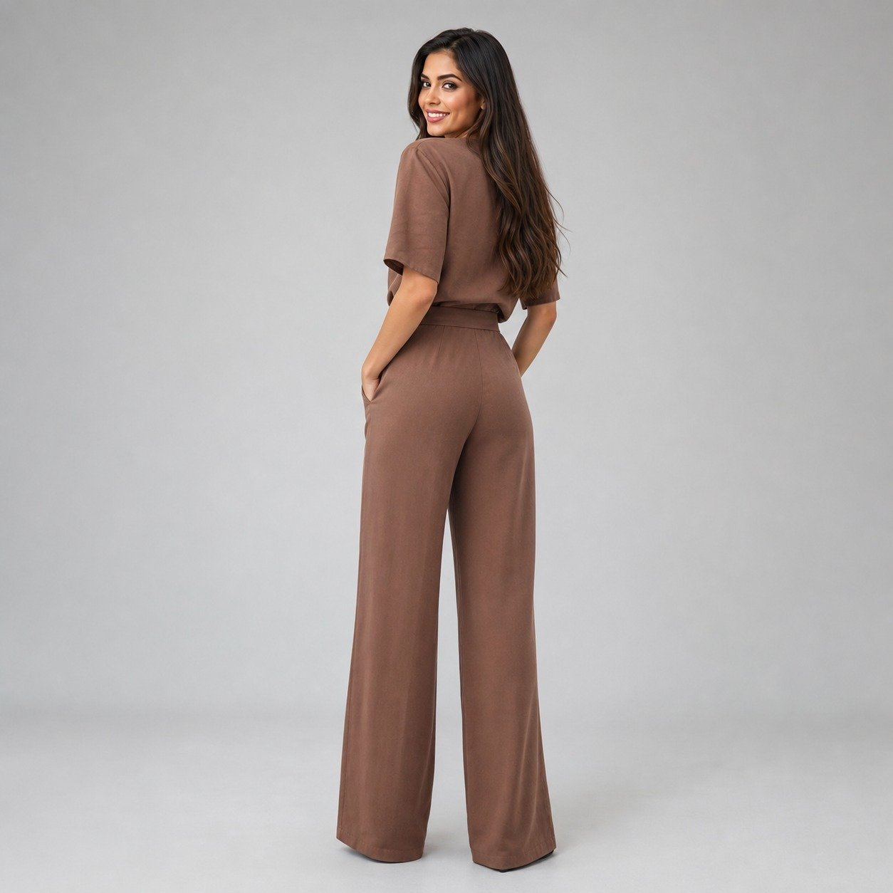 Pantalón Marrón con Cinturón de Seda para Mujer – Sateen 1848-5057 - Image 4