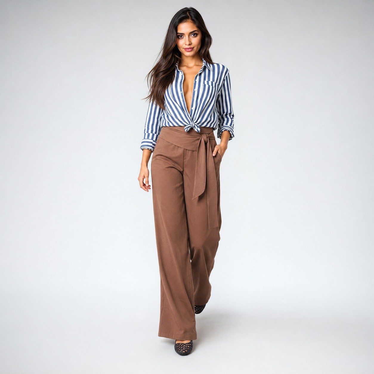 Pantalón Marrón con Cinturón de Seda para Mujer – Sateen 1848-5057 - Image 5