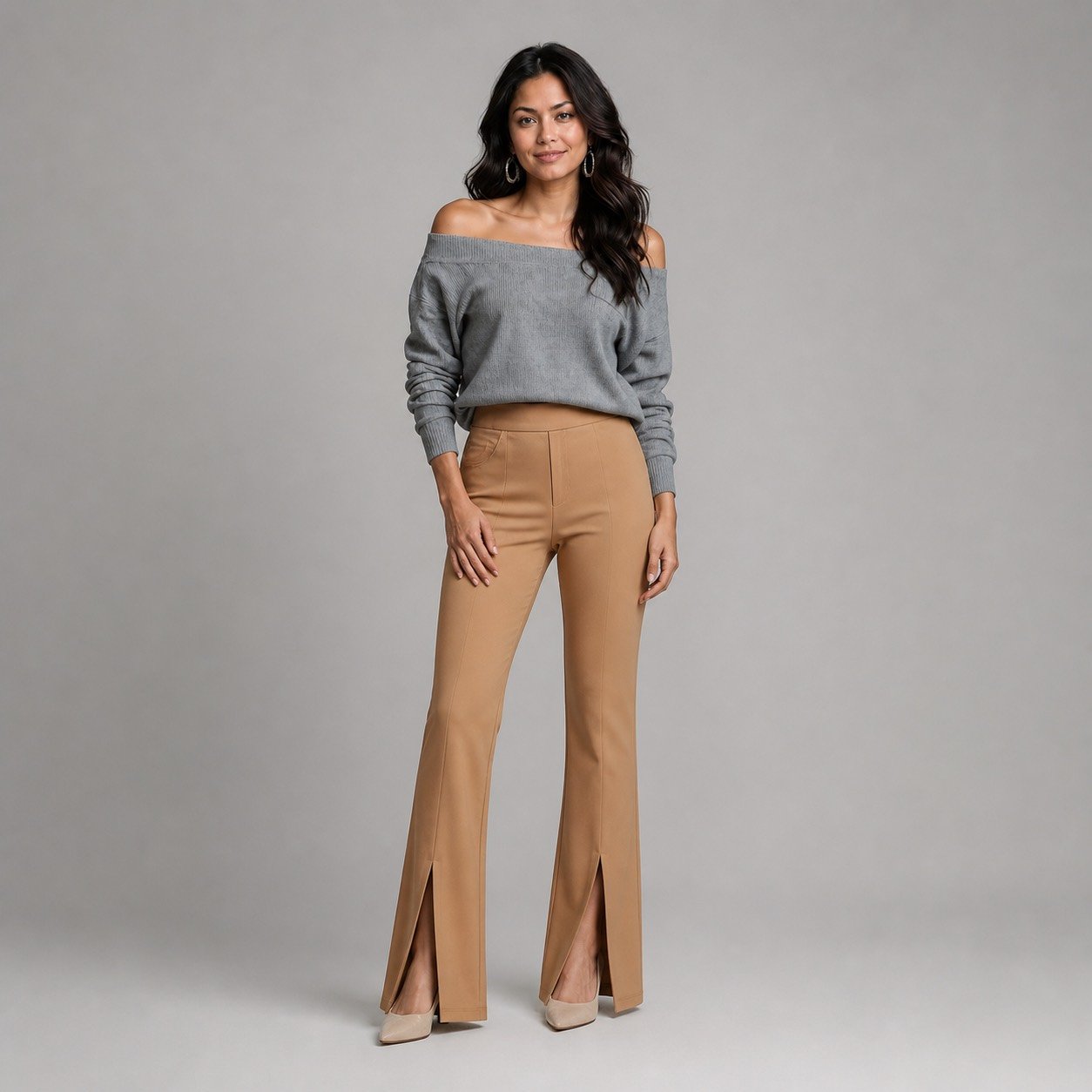Pantalón Camel con Cinturón y Bota Sirena – Ayriss P1047