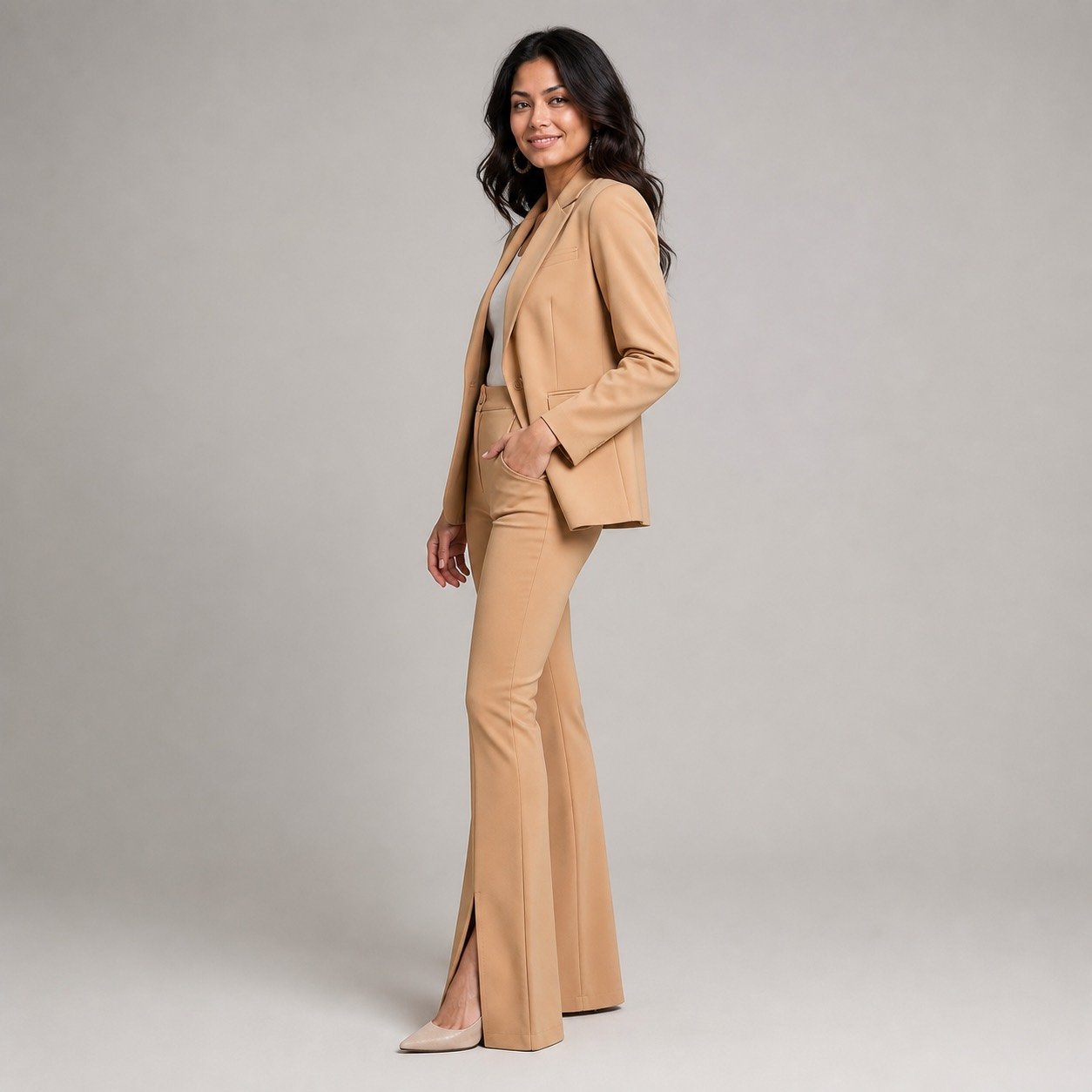 Pantalón Camel con Cinturón y Bota Sirena – Ayriss P1047 - Image 3