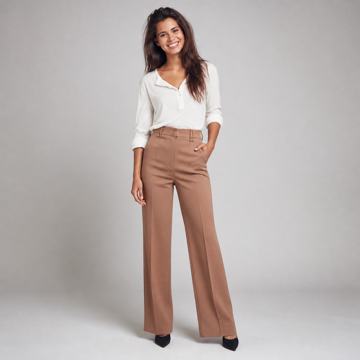 Pantalón Ancho Café con Pinzas para Mujer – Ayriss P937