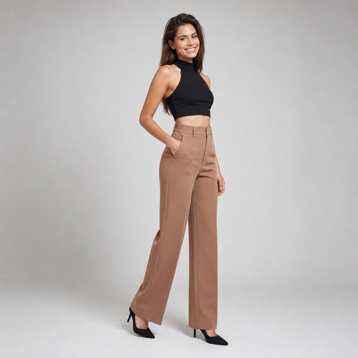 Pantalón Ancho Café con Pinzas para Mujer – Ayriss P937 - Image 3