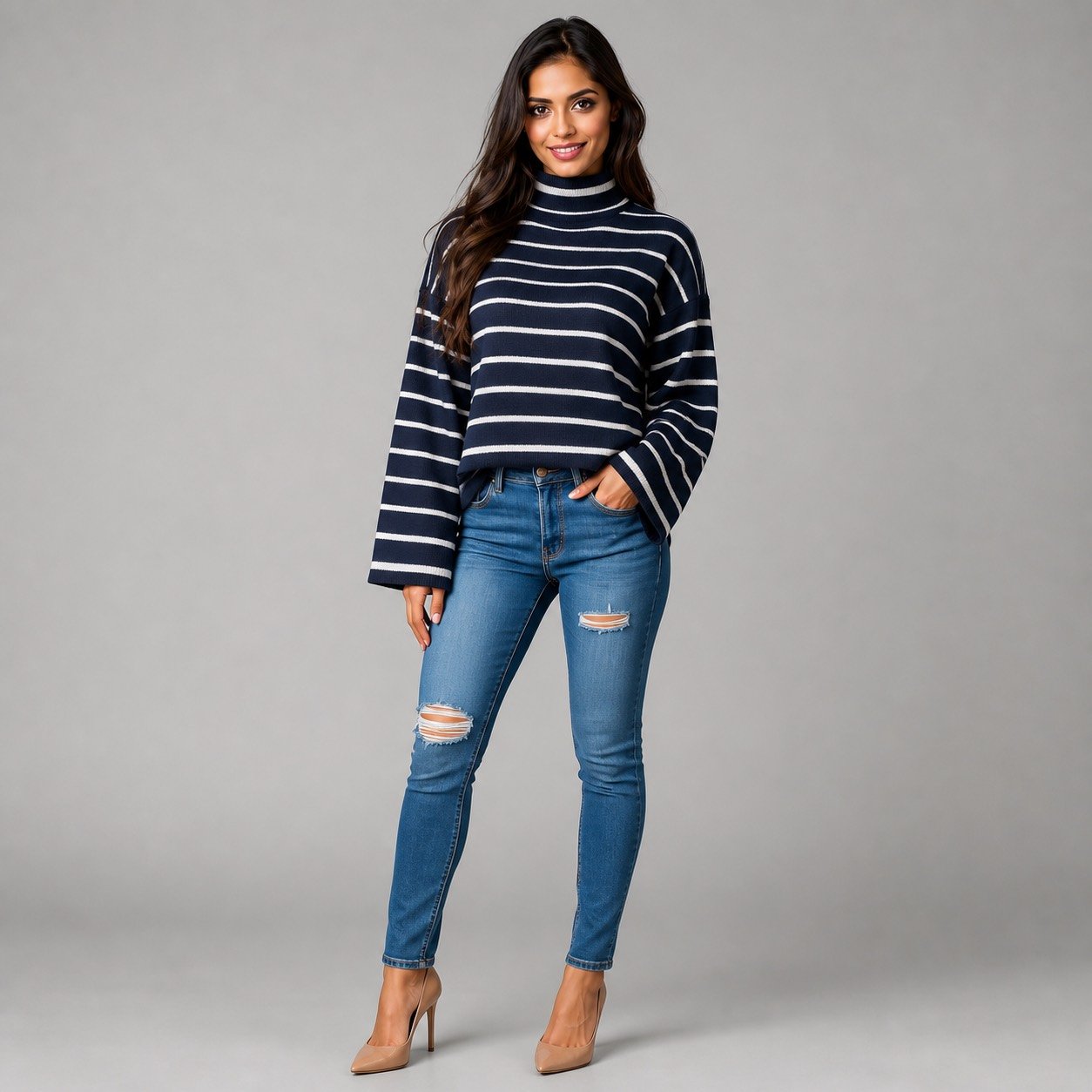 Saco de Cuello Alto a Rayas Azul Marino – Qu Style 210246