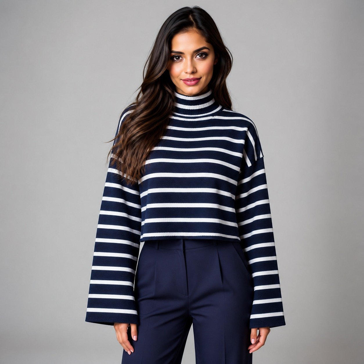 Saco de Cuello Alto a Rayas Azul Marino – Qu Style 210246 - Image 2