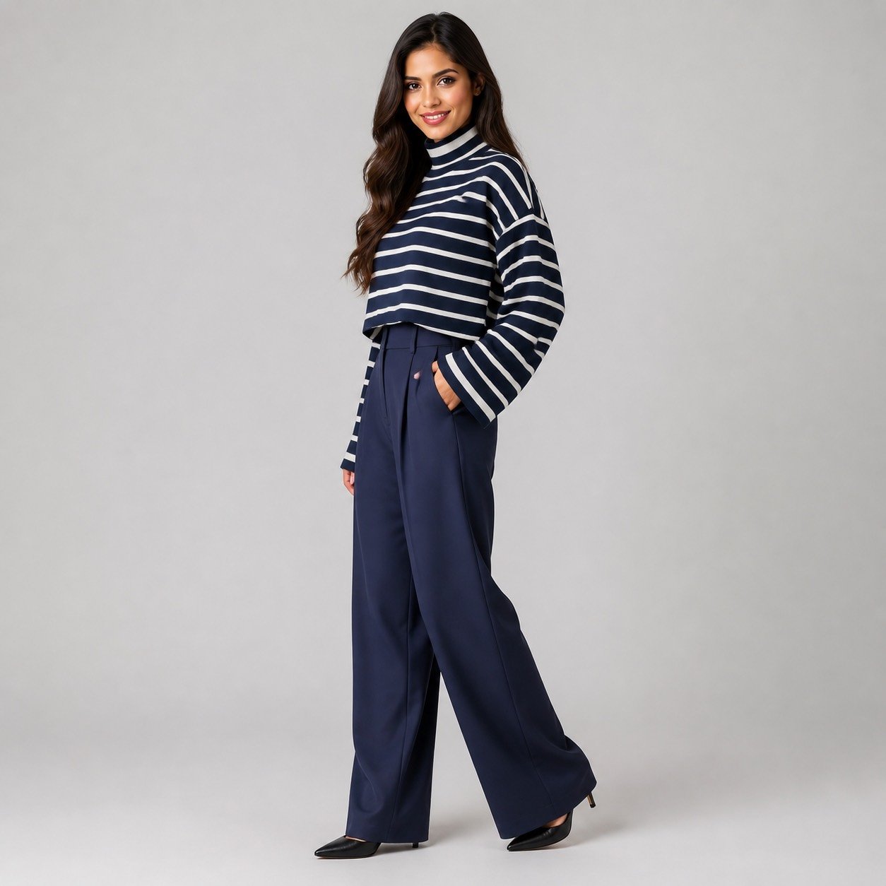 Saco de Cuello Alto a Rayas Azul Marino – Qu Style 210246 - Image 3